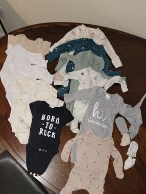 Newborn Boy LOT Nike, Carters, Members Mark Neutral Baby One-Piece Pjs Mix
